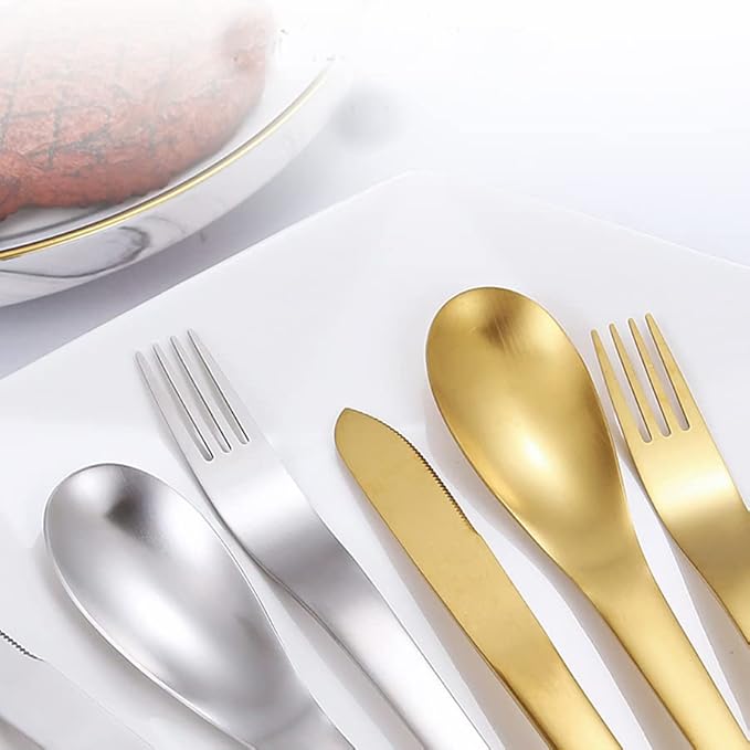 4 Pack Cutlery Set Stainless Steel Flatware Silverware Set Knife Fork Spoon Mixed Cutlery Set, Dishwasher Safe for Home Restaurant Hotel Gift (Gold)