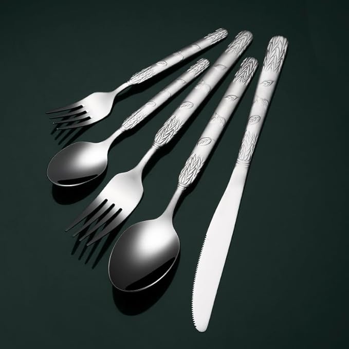 Stainless Steel Flatware Serving Set,Home Kitchen Eating Tableware Set,Dishwasher Safe,for Home Kitchen Restaurant Hote 5/20/30/40/50/60 Pieces Retro Round Handle Wheat Ear Stainless Steel Knife Fork
