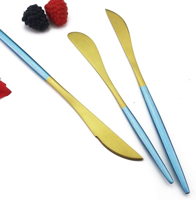 Gugrida Blue Handle Gold Flatware Set, Royal 5 Pieces Matte Blue Handle 18/10 Stainless Steel Butter Knife 6.8", Camping Cutlery Silverware Travel Utensils Set Tableware