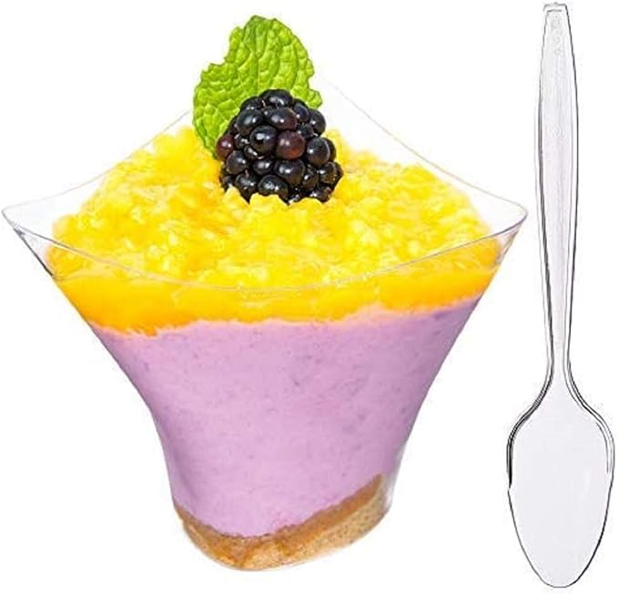 DLux 50 x 5 oz Mini Dessert Cups with Spoons, Large Swirl - Clear Parfait Appetizer Cup - Small Reusable Serving Bowl for Tasting Party Desserts Appetizers - With Recipe Ebook
