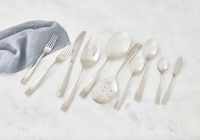 nambe Dazzle 45-Piece Flatware Set Service for 8 Plus Butter Knife, Sugar Spoon and 3 Piece Hostess Set, 18/10 Mirror Stainless Steel Silverware Cutlery Set, Dishwasher Safe