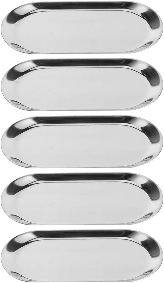 7in Stainless Steel Decorative Tray, Set of 5 Makeup Jewelry Dish Cosmetics Organizer MakeupBathroom Clutter Serving Platter Storage Tray, Oval (Silver)
