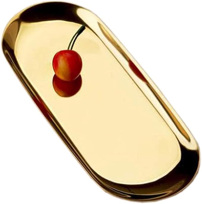 Serving Tray Oval Stainless Steel Tray Fruit Trays Storage Tray Serving Plate Cosmetics Jewelry Decorative Organizer for Coffee, Dessert, Fruit.-Gold||Small