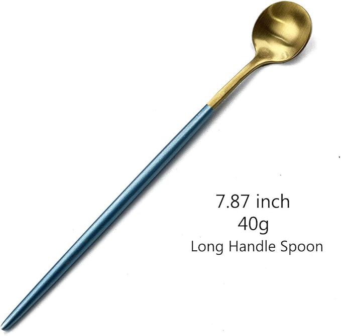 Gugrida Blue Handle Gold Flatware Set, Royal 5 Pieces Matte Blue Handle 18/10 Stainless Steel Long Handle Spoon 7.87", Camping Cutlery Silverware Travel Utensils Set Tableware