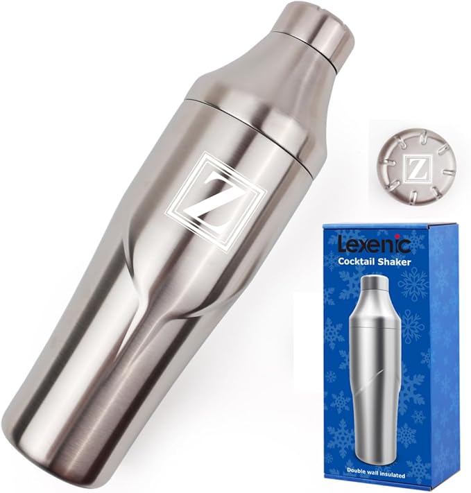 Lexenic 24oz Personalized Double Wall Cocktail Shaker - Monogramm Initials Martini Shaker-Insulated Keep Drinks Chilled -No Stuck Twist Lid,Built-in Strainer - Premium Stainless Steel Drink Shaker -Z