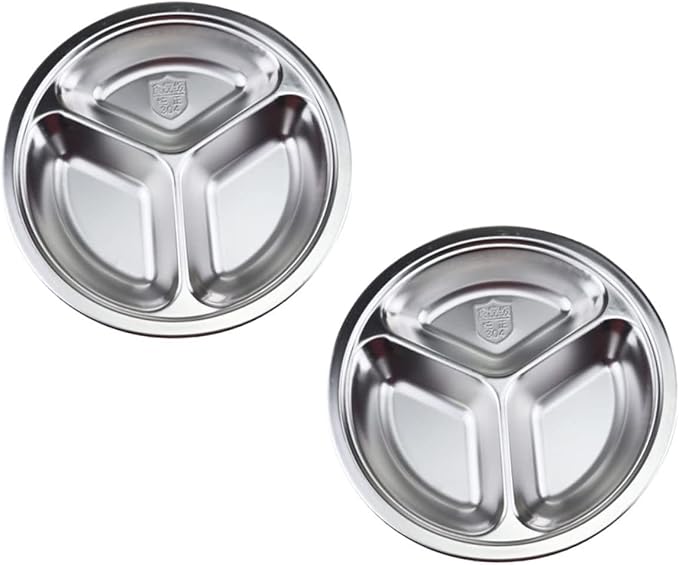 Cabilock 2pcs Stainless Steel Thickened Food Compartment Tray Serving Plates for Canteens Fast Food Home School Picnic Dishwasher Safe Practical Meal Storage