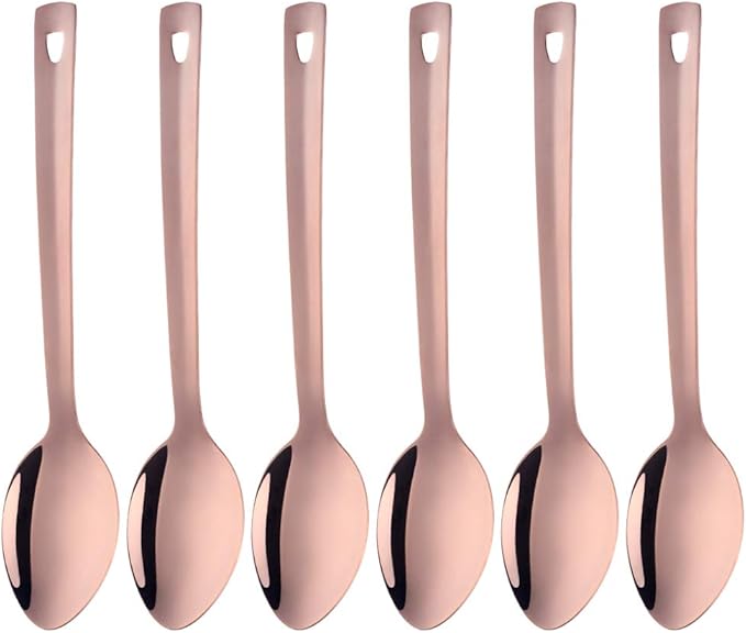 Stainless Steel Serving Spoons: Long Handle Flatware Set of 6 - Large Metal Kitchen Serving Tablespoons for Buffet Banquet 13-Inch Rose Gold