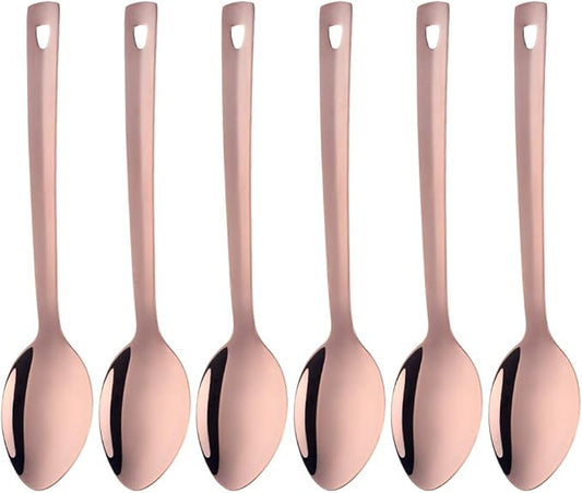 Stainless Steel Serving Spoons: Long Handle Flatware Set of 6 - Large Metal Kitchen Serving Tablespoons for Buffet Banquet 13-Inch Rose Gold