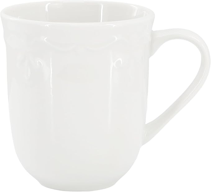 Elama Henryi 6 Piece Embossed Rim Detail Porcelain White 12 Ounce Mug Set, Tableware Set, Serveware, Coffee Mugs (6 Pc Mug)