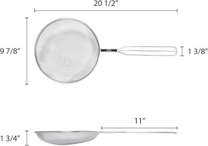 TrueCraftware- 9-1/2" x 20-1/2" Mesh Oil Skimmer Stainless Steel- Mesh Strainer Skimmer Fine Mesh Strainer Perfect for Skimming Grease Foam Sift Strain Drain Rinse Vegetables Pastas Tea