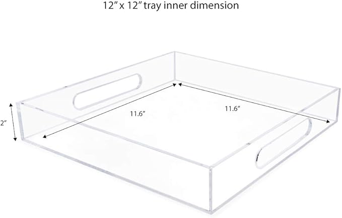 Isaac Jacobs Clear Acrylic Serving Tray (12x12) with Cutout Handles, Spill-Proof, Stackable Organizer, Space-Saver, Food & Drinks Server, Indoors/Outdoors, Lucite Storage Décor & More