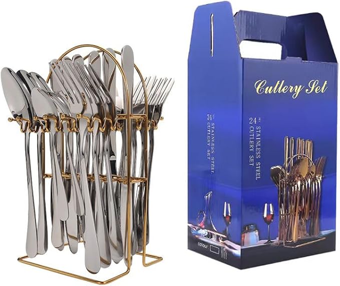 Stainless Steel Flatware Serving Set,Home Kitchen Eating Tableware Set,Dishwasher Safe,for Home Kitchen Restaurant Hote 24-Piece Stainless Steel Storage Rack Cutlery Set Hotel Cutlery Knife, Fork and