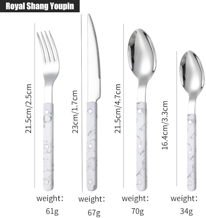 Rivet ABS Clamp Handle Kitchen Stainless Steel Silverware Tableware Flatware Cutlery Set Steak Knife Fork Spoon Teaspoon Western Tableware Butter Knife Set (White,16 pieces)