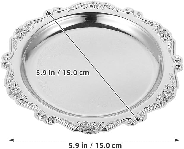 VILLCASE 2 Pack Small Silver Serving Tray, 5. 9 Inch Vintage Round Iron Display Plate for Desserts, Antique Style Decorative Jewelry Dish for Vanity, Wedding Centerpiece and Tea Party (Silver)