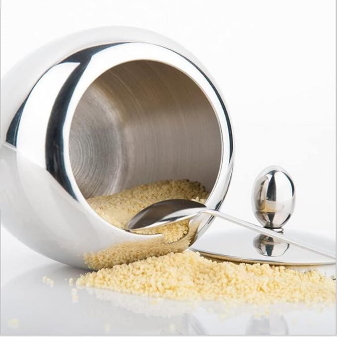 LIZEALUCKY Kitchen Sugar Bowl, 304 Stainless Steel Sugar Bowl with Spoon Home Kitchen Salt Pepper Spice Bowl Spice Drum Small Condiment Container