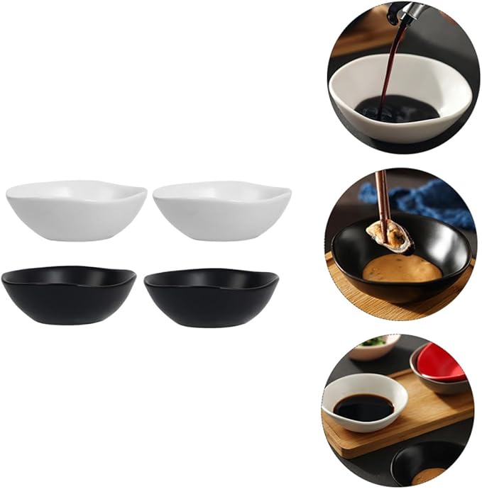 4pcs Ceramic Sauce Plates Multifunctional Dipping Dishes for Soy Sauce Vinegar and Condiments Appetizers Seasoning and Snacks Black White