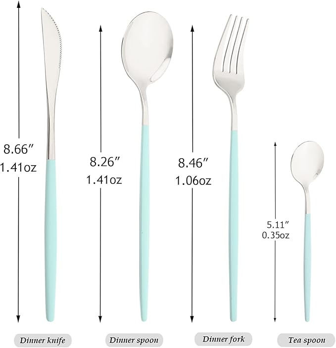 Mirror Cutlery Serving Set, 24-piece 18/0 Stainless Steel Silverware With Mint Green Handle Simple & Modern Tableware For Home Restaurant Dinner, Service For 6 (Mint Green Silver)