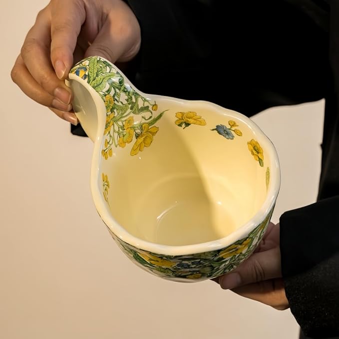 16.91oz/500ml Handpainted Soup Bowl with Handle,Ceramic Cereal Bowl Microwave & Dishwasher Safe,Loop Handle Bowl Great for Soup,Yogurt,Snack,Chip,Stew,Ice Cream,Coffee (Winter Jasmine)
