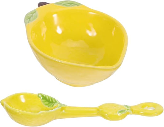 2pcs Ceramic Sauce Dish: Lemon Shaped Appetizer Plates with Spoons - Dipping Bowls - Sushi Snack Relish Plate for Dinner BBQ