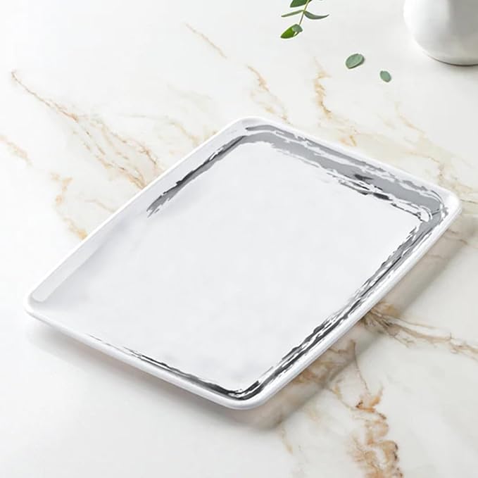 Disposable Whisk Collection Plastic White Rectangular Serving Tray Silver Accent 8" x 11" - Stunning and Perfect for Any Occasions: Pack of 16