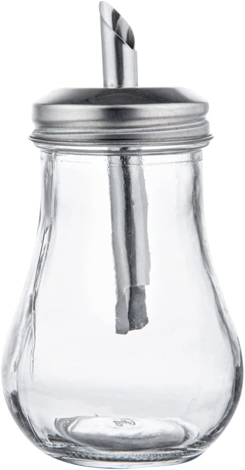 Restaurantware RW Base 6 Ounce Glass Dispenser With Lid 1 Clear Finish Sugar Pourer Dispenser - FDA-Approved Dishwashable Clear Glass Sauce Pourer Refillable Pouring Spout