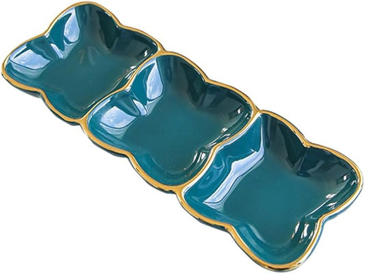 Amosfun Ceramic Three-Compartment Sauce Dish Divided Dipping Plate for Condiments Gold-Trimmed Tableware for BBQ Appetizers and Sauces