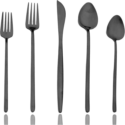 JASHII Modern Silverware Set - 20 Pieces Cutlery Set Matte Black - Brushed 304 Stainless Steel Flatware Set - Narrow and Long Handle - for Home Dinner and Restaurant
