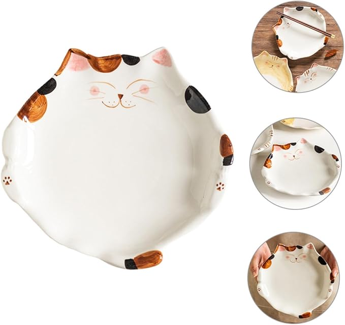 LIFKOME Cat Shaped Ceramic Plate for Snacks Fruits and Salads Adorable Cartoon Cat-themed Dinner Dish for Appetizers and Desserts