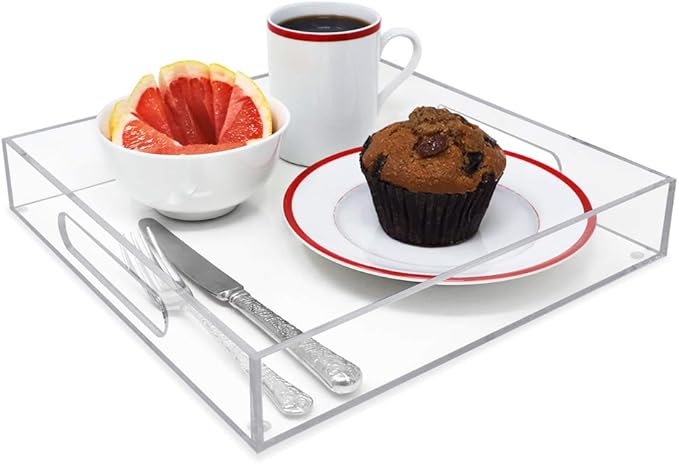 Isaac Jacobs Clear Acrylic Serving Tray (12x12) with Cutout Handles, Spill-Proof, Stackable Organizer, Space-Saver, Food & Drinks Server, Indoors/Outdoors, Lucite Storage Décor & More