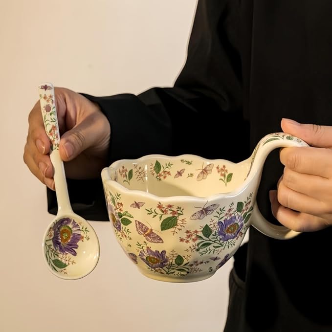 16.91oz/500ml Handpainted Soup Bowl with Handle,Ceramic Cereal Bowl Microwave & Dishwasher Safe,Loop Handle Bowl Great for Soup,Yogurt,Snack,Chip,Stew,Ice Cream,Coffee (Aster)