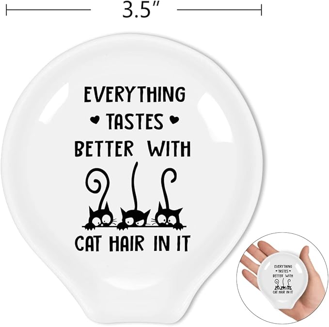 Funny Black Cats Coffee Spoon Rest-Black and White Ceramic Coffee Spoon Holder-Every Thing Tastes Better With Cat Hair Sign-Gifts for Cat Lovers