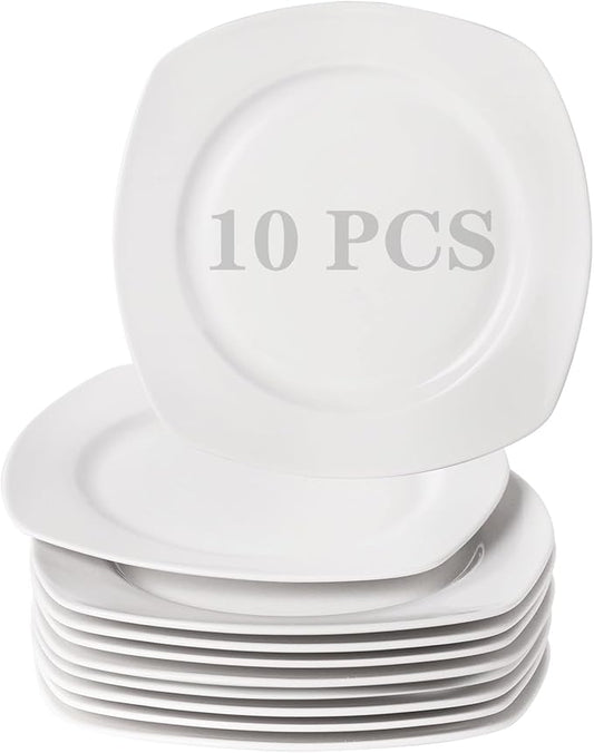 TAMAYKIM 10-Piece Small Square Porcelain Dessert Plates Set - 7.5 Inch Ceramic Appetizer & Dinner Plates, Microwave, Oven & Dishwasher Safe, Scratch Resistant, White