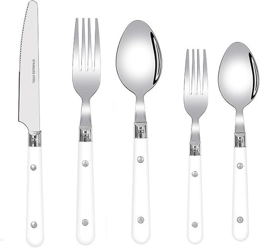 5/20/30-Piece Lightweight Stainless Steel Silverware Set for Everyday Use, Flatware Service for 1/4/6, Steak Knife Fork Spoon Dessert Tea Spoon Fruit Fork, Durable Reusable, White