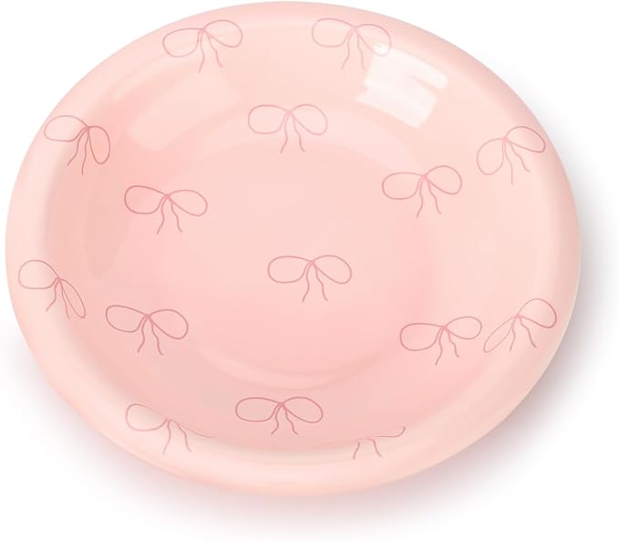 Koythin Ceramic Dessert Plates, Cute Pink Dish Bow Salad Plates for Home Party Restaurant, Round Kitchen Plates, Microwave and Dishwasher Safe (Pink Plate Bow)