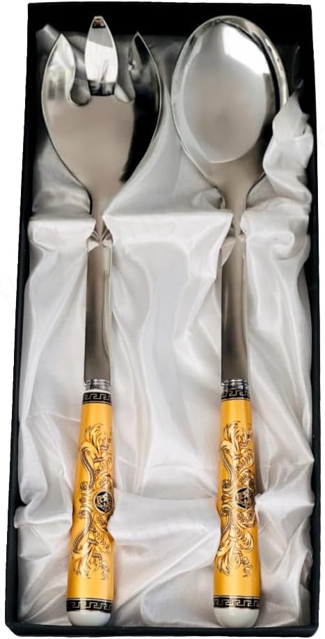 Stainless Steel Serving Spoon and Fork Set with Ornate Gold Handles, 2-Piece, Black and White Greek Key Accents, Gift Box Included