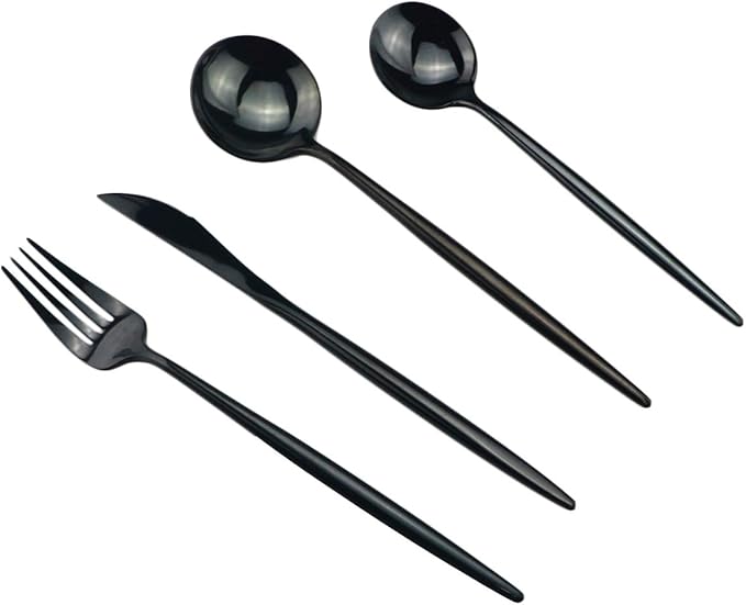 Gugrida Portable Silverware Set - 5-Piece Flatware Cutlery Set - 18/10 Stainless Steel - Mirror Polishing Black - Travel Elegant Modern Utensils - Service for 1 Include Steak Knife Dinner Fork Spoon