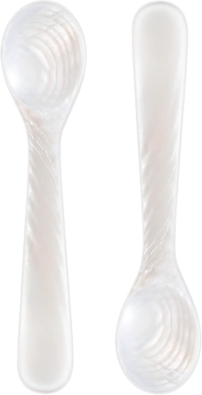 Patelai 2 Pieces Set of Caviar Spoons Mother of Pearl Spoons with Handcraft Round Handle for Caviar, Egg, Ice Cream, Coffee, Kitchen, Restaurant Serving for Valentine Favors (10cm/3.93 Inch)