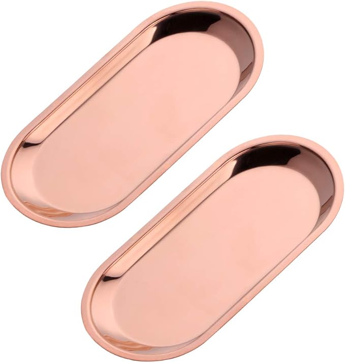 Buyer star Rose Gold 2PCS 7.3inch Stainless Steel Oval Tray Fruit Trays Storage Tray Dish Plate Cosmetics Jewelry Decorative Organizer