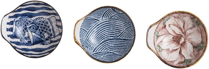 Mobestech 3Pcs Ceramic Appetizer Plates Hand Painted Sauce Bowls for Dipping Seasoning Kitchen Tableware for Home School Picnic Travel Random Styles