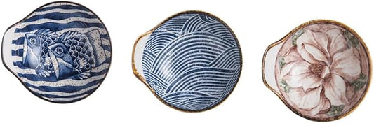 Mobestech 3Pcs Ceramic Appetizer Plates Hand Painted Sauce Bowls for Dipping Seasoning Kitchen Tableware for Home School Picnic Travel Random Styles