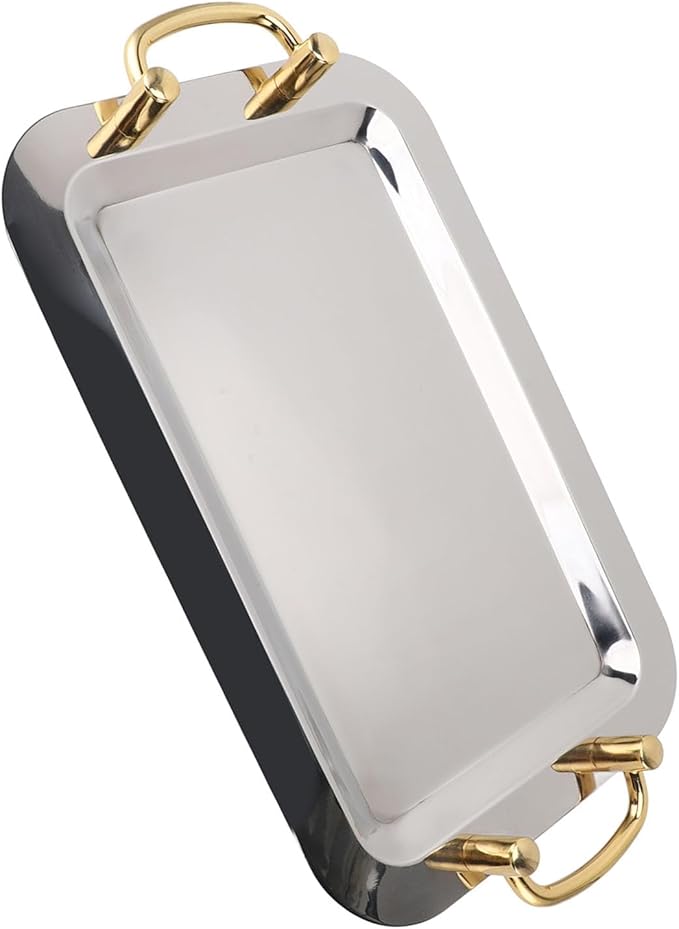 Stainless Steel Serving Plate, Elegant Mirror Finish Serving Tray Reusable Unbreakable Modern Kitchen Plates Golden with Handle for Hotel Restaurant Banquet (Rectangular (Length 16.9in))