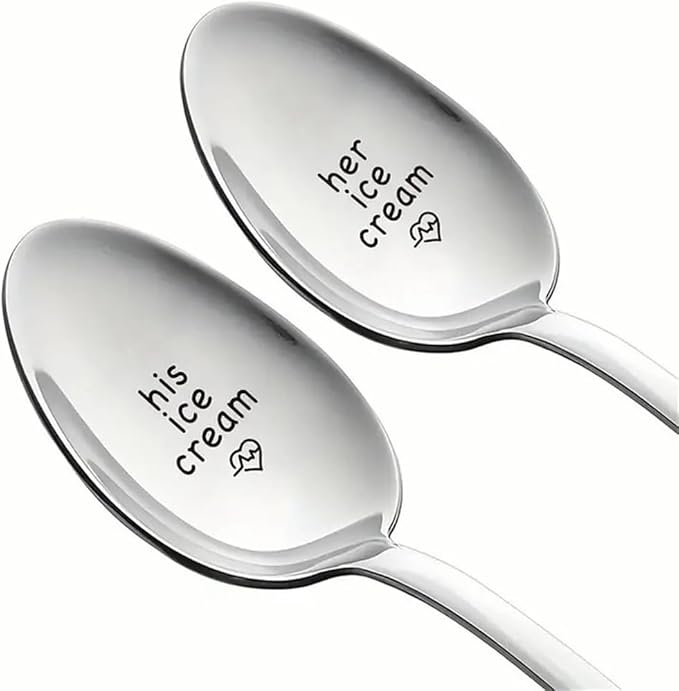 Engraved Ice Cream Spoon Gifts for Couple on Anniversary, 2 Pcs Personalized Coffee Spoon Stainless Steel, Couple Gifts for Him and Her on Valentines Day (scoop, his/her ice cream)
