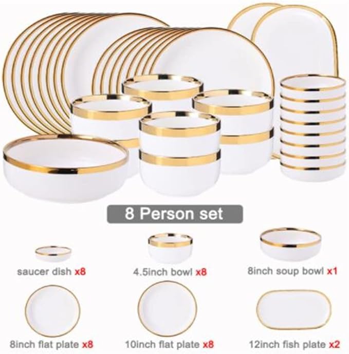 Nordic Style Gold Inlay Bright White Porcelain Dinner Sets Ceramic Bowl Dish Plates Set Porcelain Dinnerware for Household Hotel