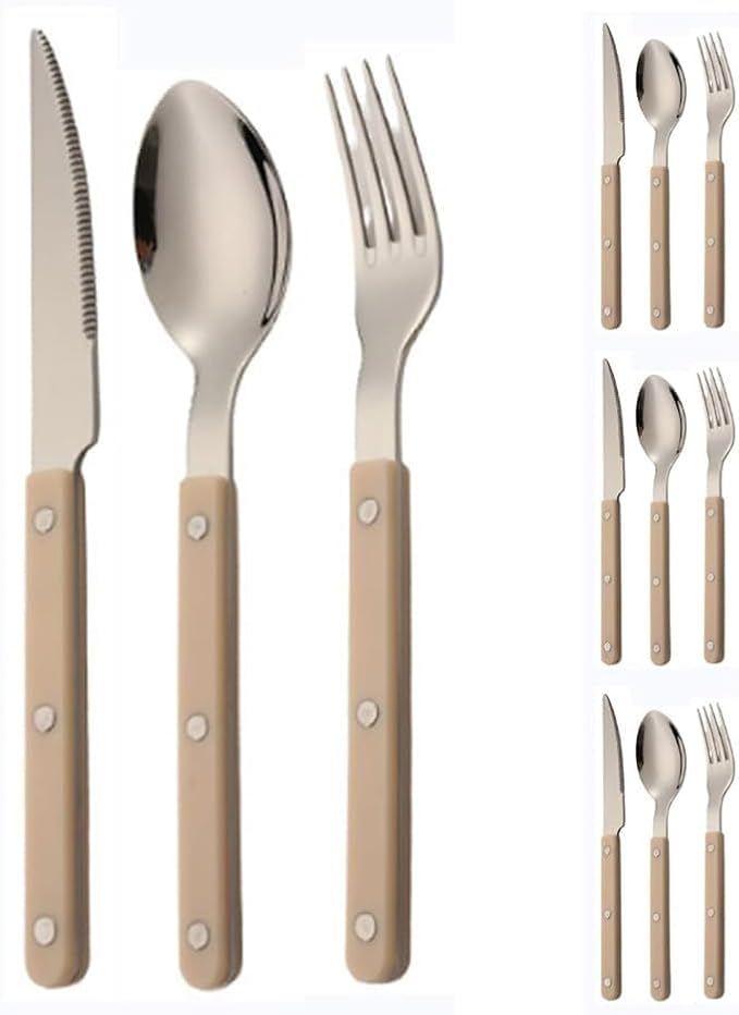 ABS Rivet Handle Marble Pattern Handle Kitchen Stainless Steel Silverware Tableware Flatware Cutlery Knives Forks Spoons Set,Butter Knife Dessert Spoon Fork (White,12 pieces)