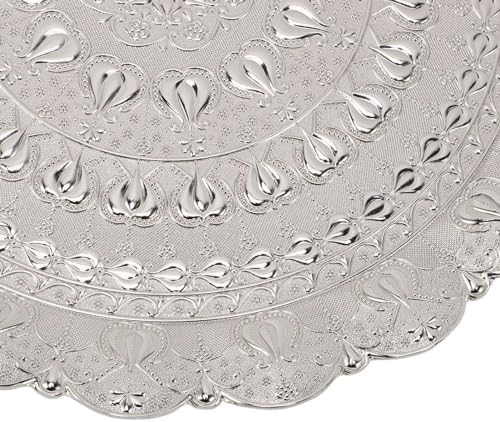 Jeanoko 1PCS 13.8" Serving Trays, Silver Metal Turkish Tea Coffee Serving Tray, Round Coffee Plate for Bar Outdoor Dresser Dessert