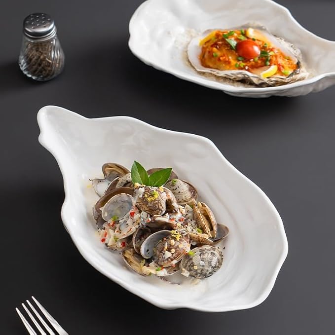 Kitchen Plates 7.5-inch Creative White Oyster Shell Ceramic Plate Household Appetizer Tableware Simple Western Restaurant Dish Commercial Restaurant Plates(9.5 in)