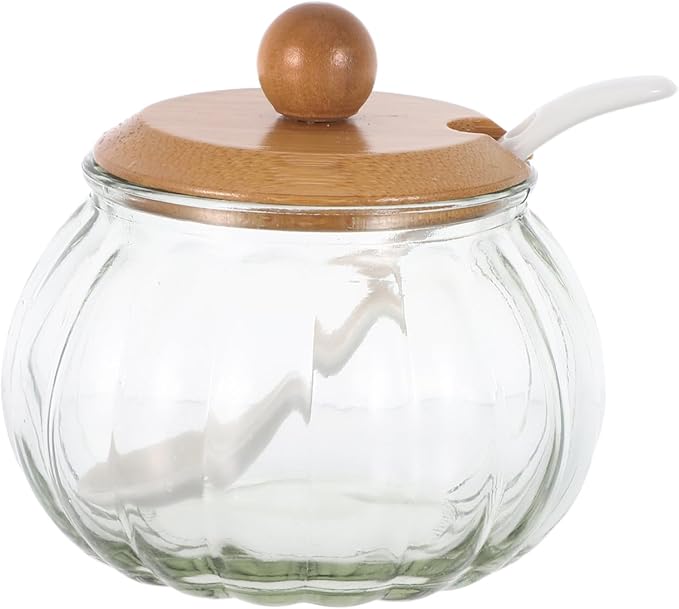 LIFKOME Clear Glass Sugar Bowl With Wooden Lid and Spoon Pumpkin Shaped Clear Glass Candy Jar Glass Sugar Storage Dispenser Container Seasoning Box Salt Bowl for Home Kitchen