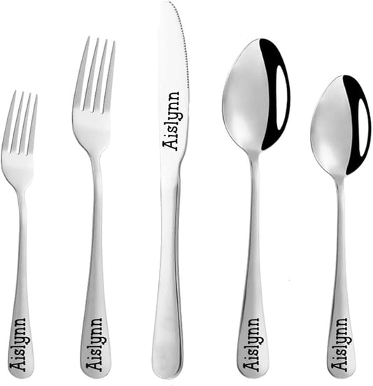 Stainless Steel Customized Flatware Set,Engraving Name Knife Forks Spoon,Personalized names will be engraved on your tableware, Customized Birthday Christmas Gift Silver