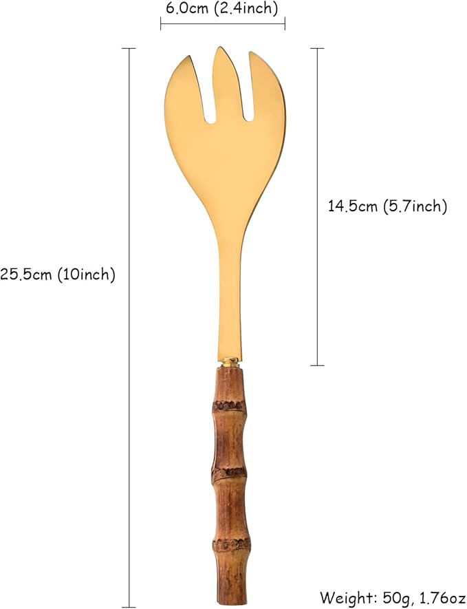 Serving Fork Set of 4 - Gold Stainless Steel Platters Forks - 10.0 inch Large Salad Forks with Natural Bamboo Handle - Use for Buffet/Banquet/Home/Kitchen/Party