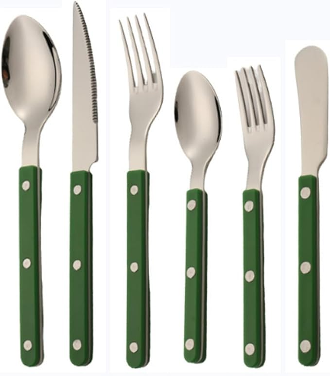 ABS Rivet Handle Marble Pattern Handle Kitchen Stainless Steel Silverware Tableware Flatware Cutlery Knives Forks Spoons Set,Butter Knife Dessert Spoon Fork (6-piece set -1 set,Green)